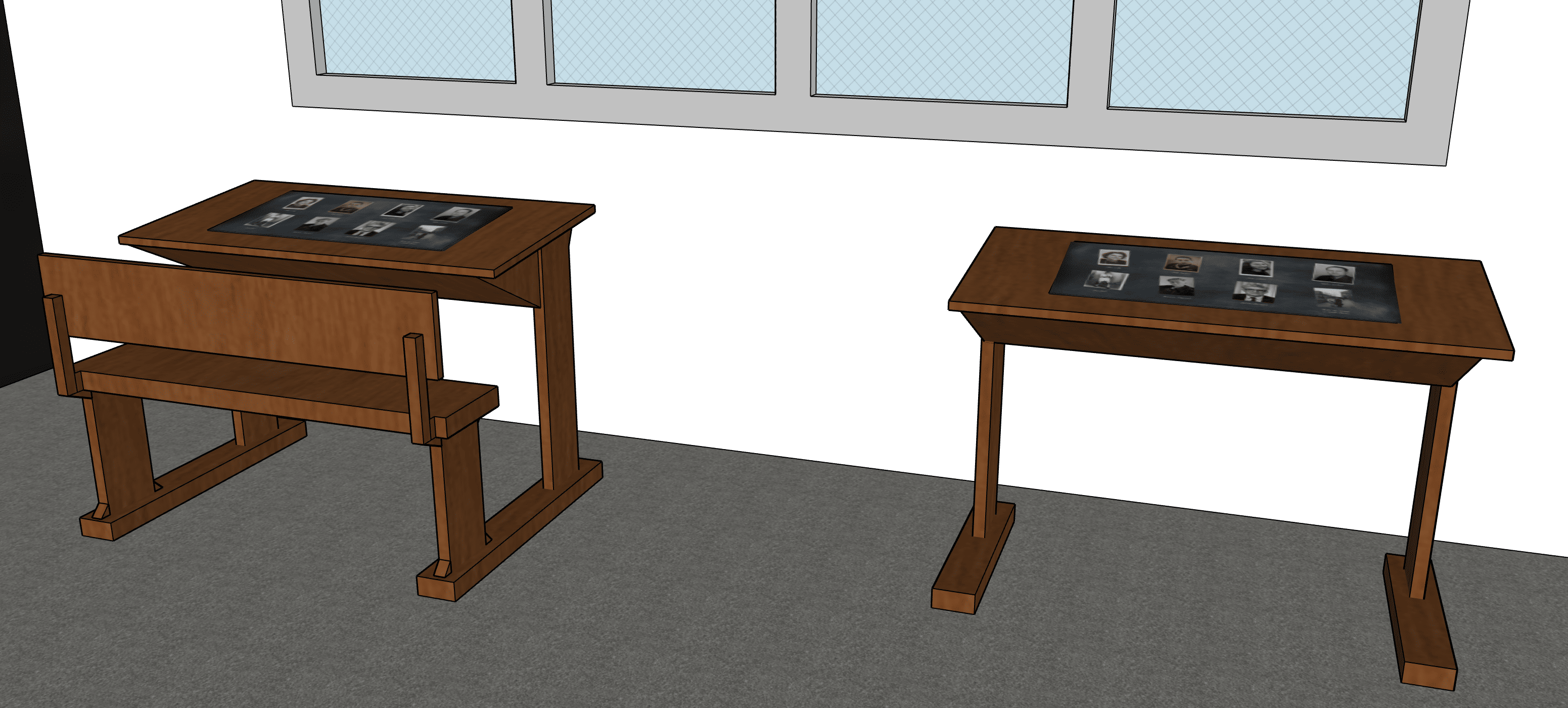 schoolbanken lokaal 1 close-up gemaakt door Ellen Bloemhof in Sketch-up